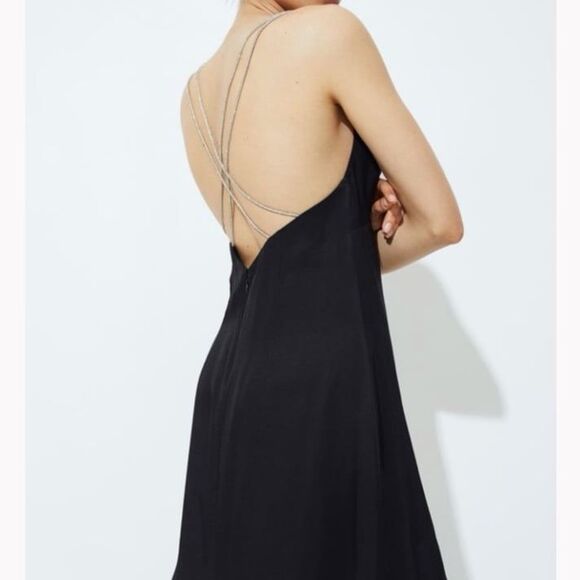 NWT H&M Rhinestone-Strap Satin Midi Dress in Black Size XL - Picture 3 of 12